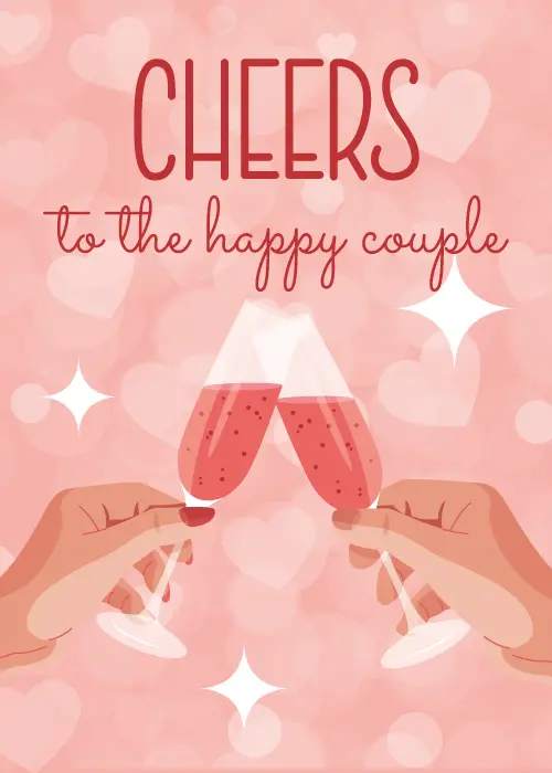 Wedding card with two hands toasting champagne flutes on a pink bokeh heart background with the text Cheers to the Happy Couple
