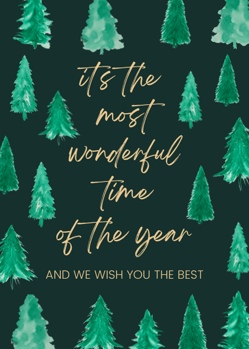 Christmas best wishes group card with warm festive illustrated design featuring classic Christmas elements like holly stars or winter botanicals in a traditional heartfelt holiday composition